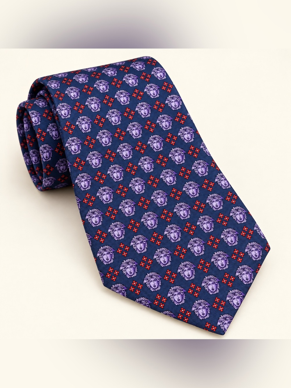 Vintage Gianni Versace Silk Tie Navy Purple Medusa Print 56"